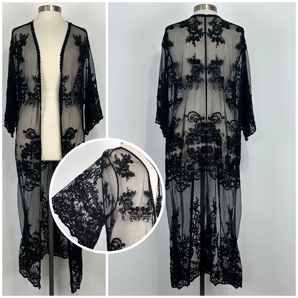 Whimsigoth Dark Fairy Goth Boho Kimono Large Floral Lace Sheer Cardigan Duster